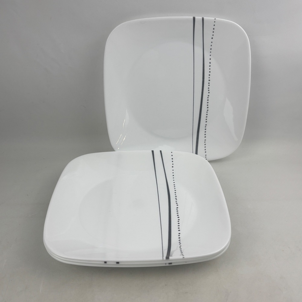 Corelle Cascading Lines Square Luncheon Plate Set of 4 White Black 8.75"